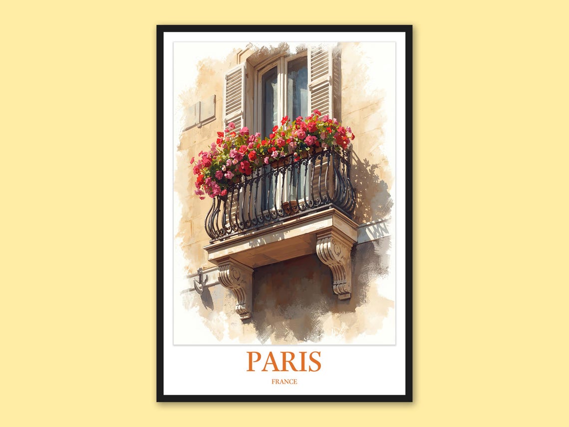 Parisian Balcony Watercolor Pink Blooms and Shutters Wall Art