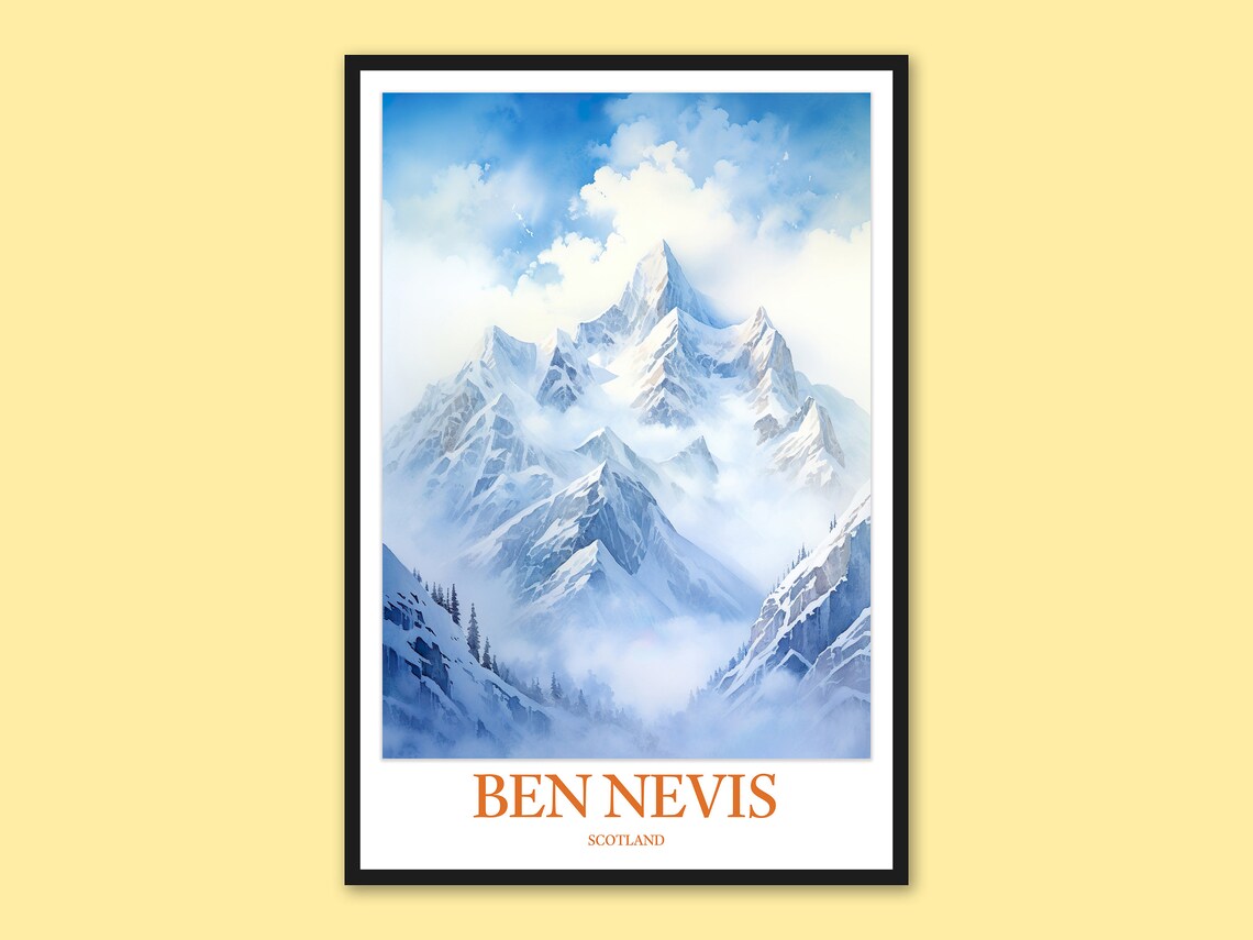 Ben Nevis Scotland Snowy Summit Watercolor Mountain Travel Poster