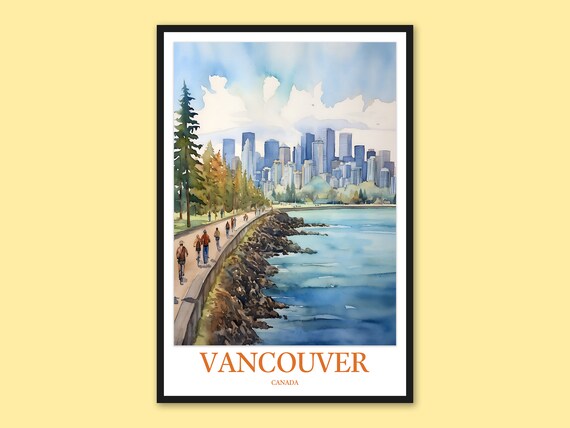 Vancouver Canada Seawall Skyline View Watercolor Travel Poster