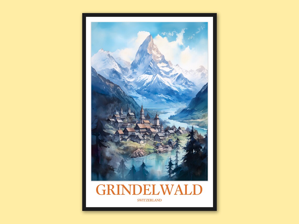 Grindelwald Switzerland Snowy Peak Lakeside Village Travel Poster