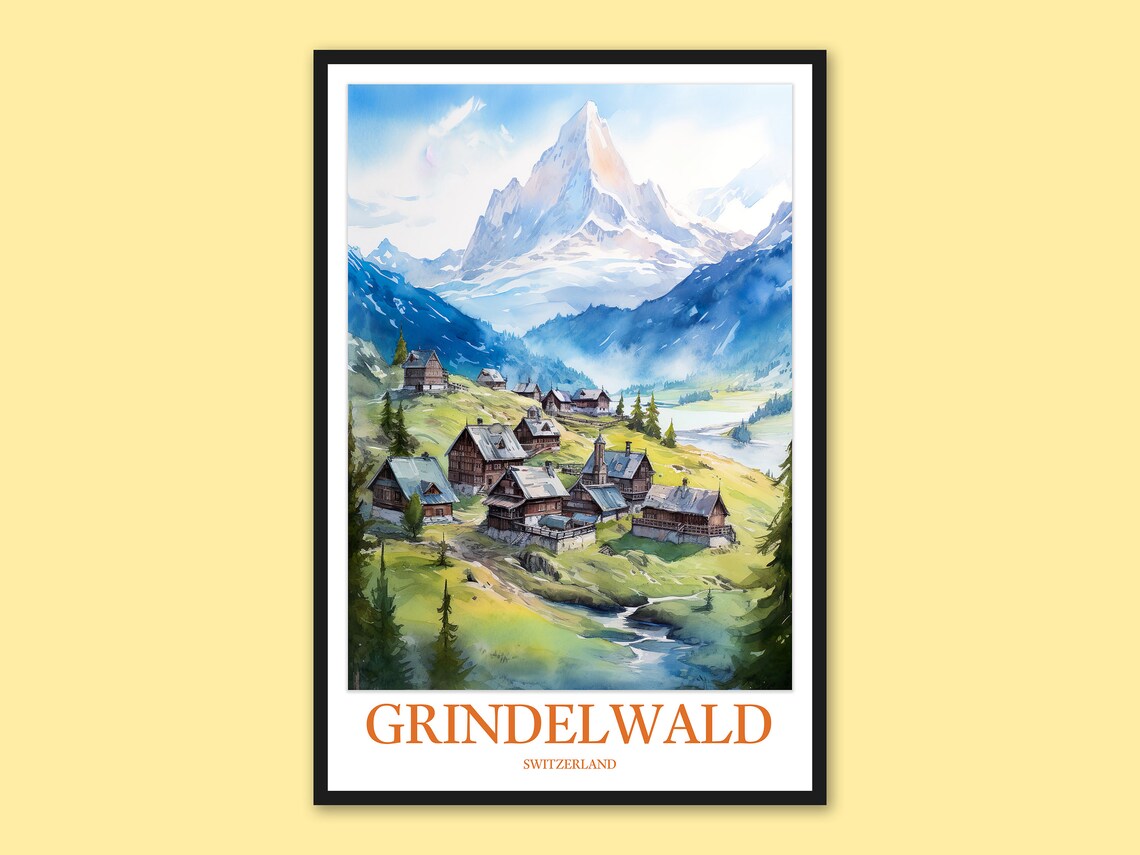 Grindelwald Switzerland Alpine Village Watercolor Travel Poster