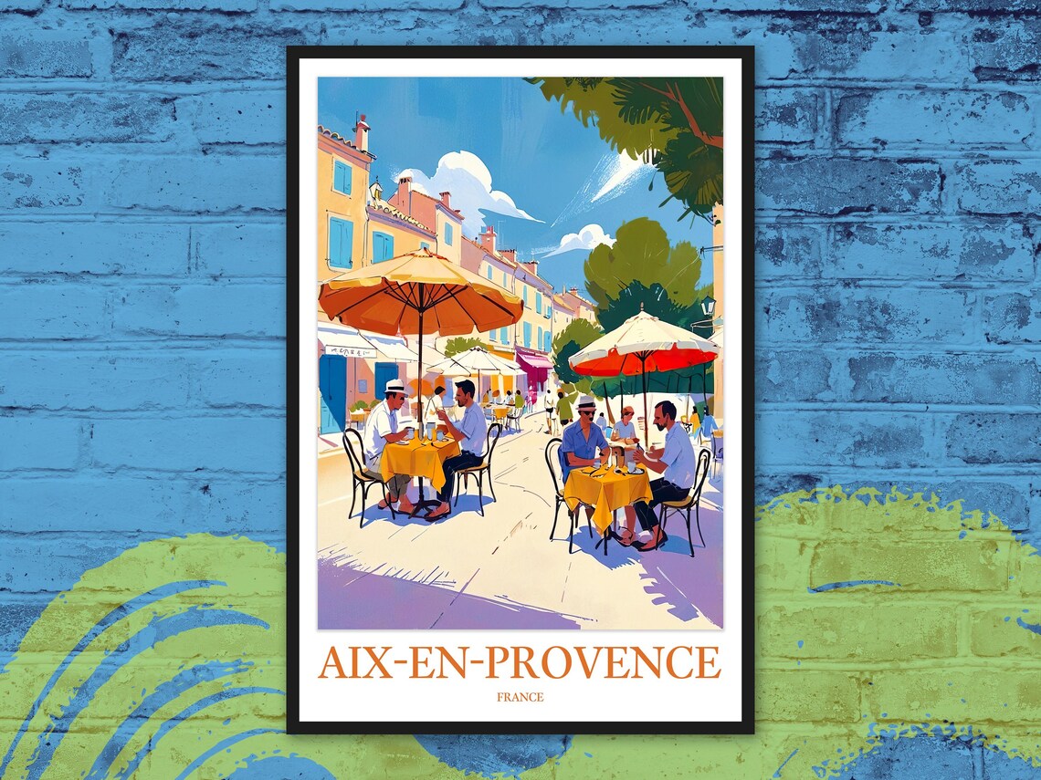 Aix-en-Provence Outdoor Cafe Diners Yellow Umbrellas Travel Poster