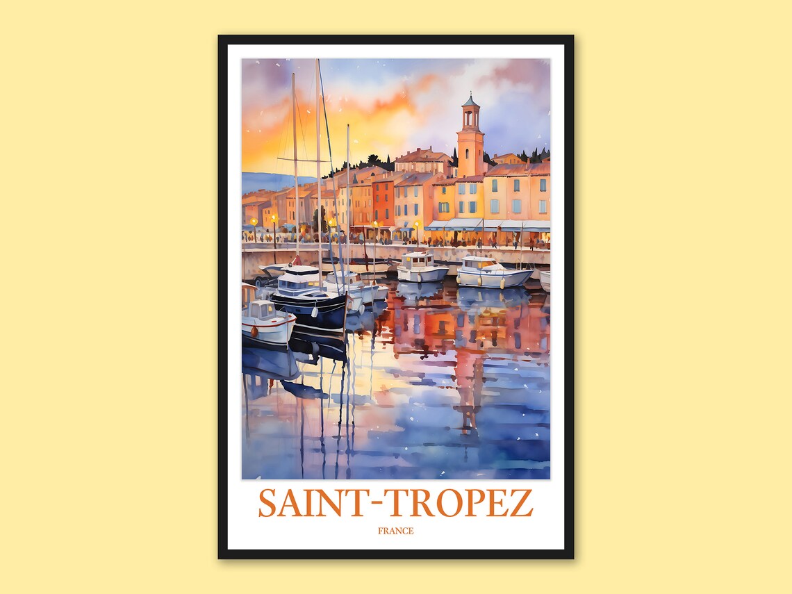 Saint Tropez France Sunset Harbor Boats Watercolor Travel Poster