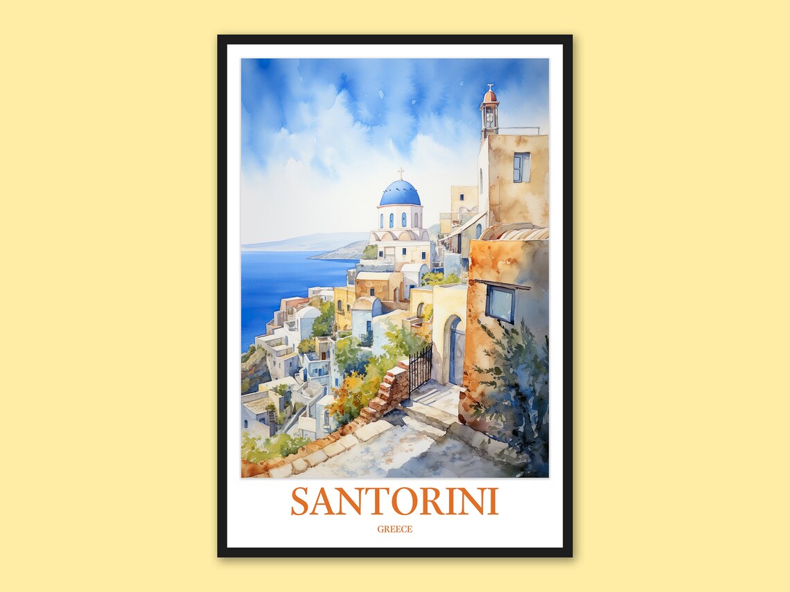 Santorini Greece Blue Dome Bell Tower Village Watercolor Travel Poster