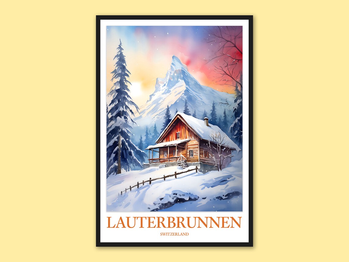 Lauterbrunnen Switzerland Snowy Chalet At Alpine Sunset Poster