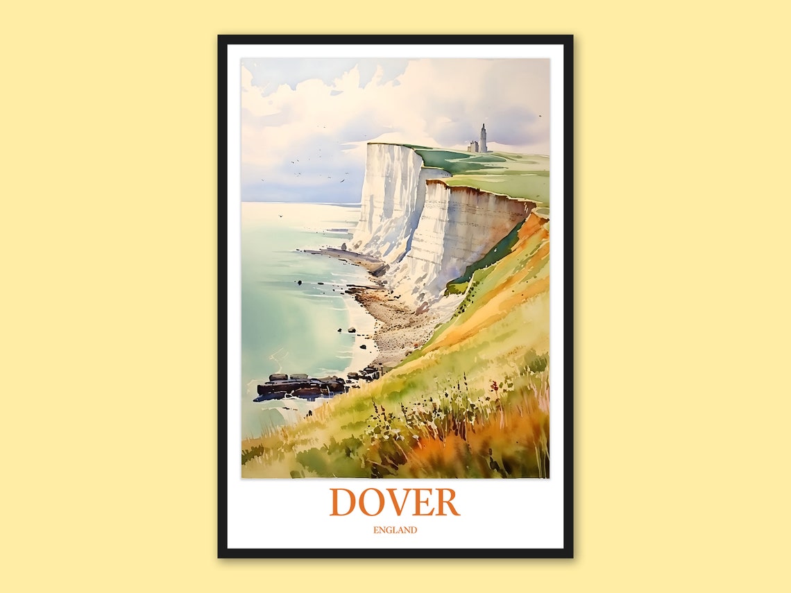 Dover England White Cliffs Lighthouse Watercolor Travel Poster