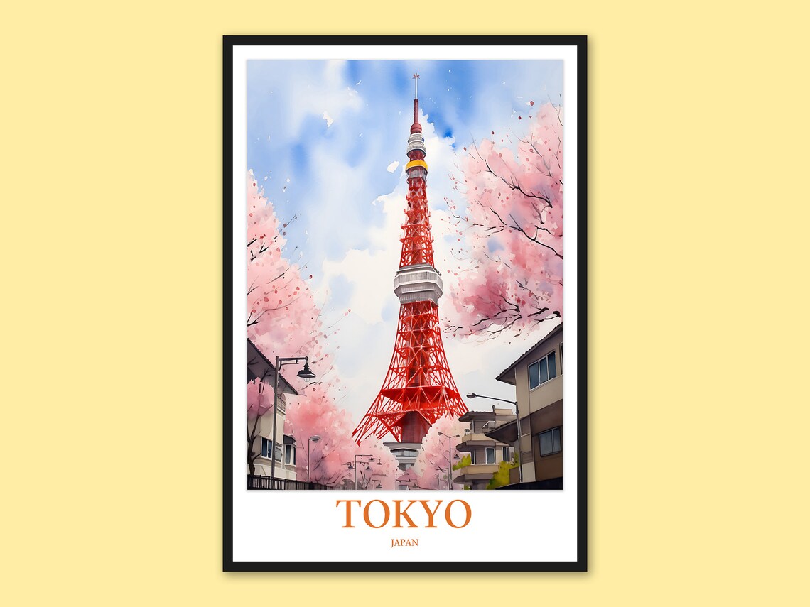 Tokyo Japan Red Tower Cherry Blossom Watercolor Spring Travel Poster