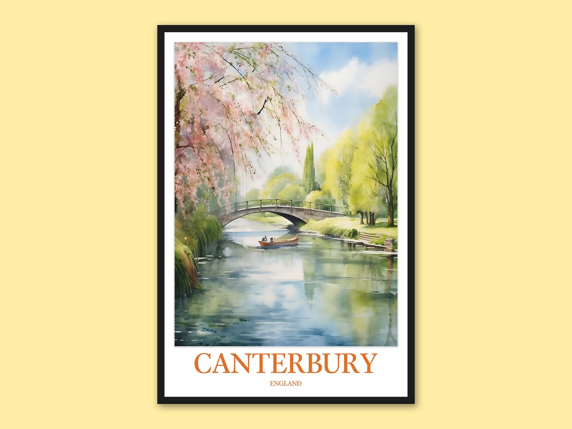 Canterbury England Blossom Bridge River Watercolor Travel Poster