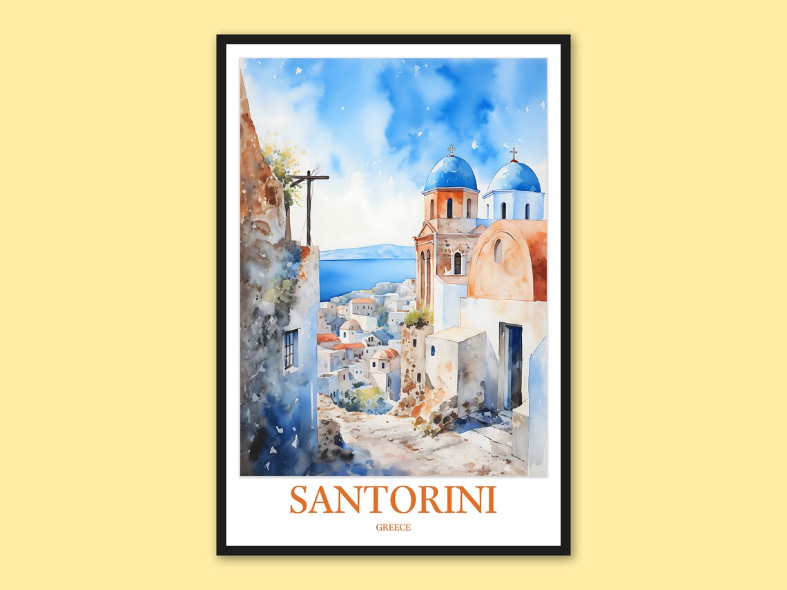 Santorini Greece Blue Domes Village Watercolor Travel Poster