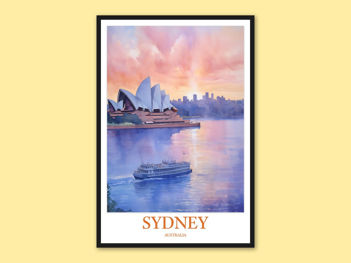 Sydney Opera House Sunset Watercolor Australia Travel Poster