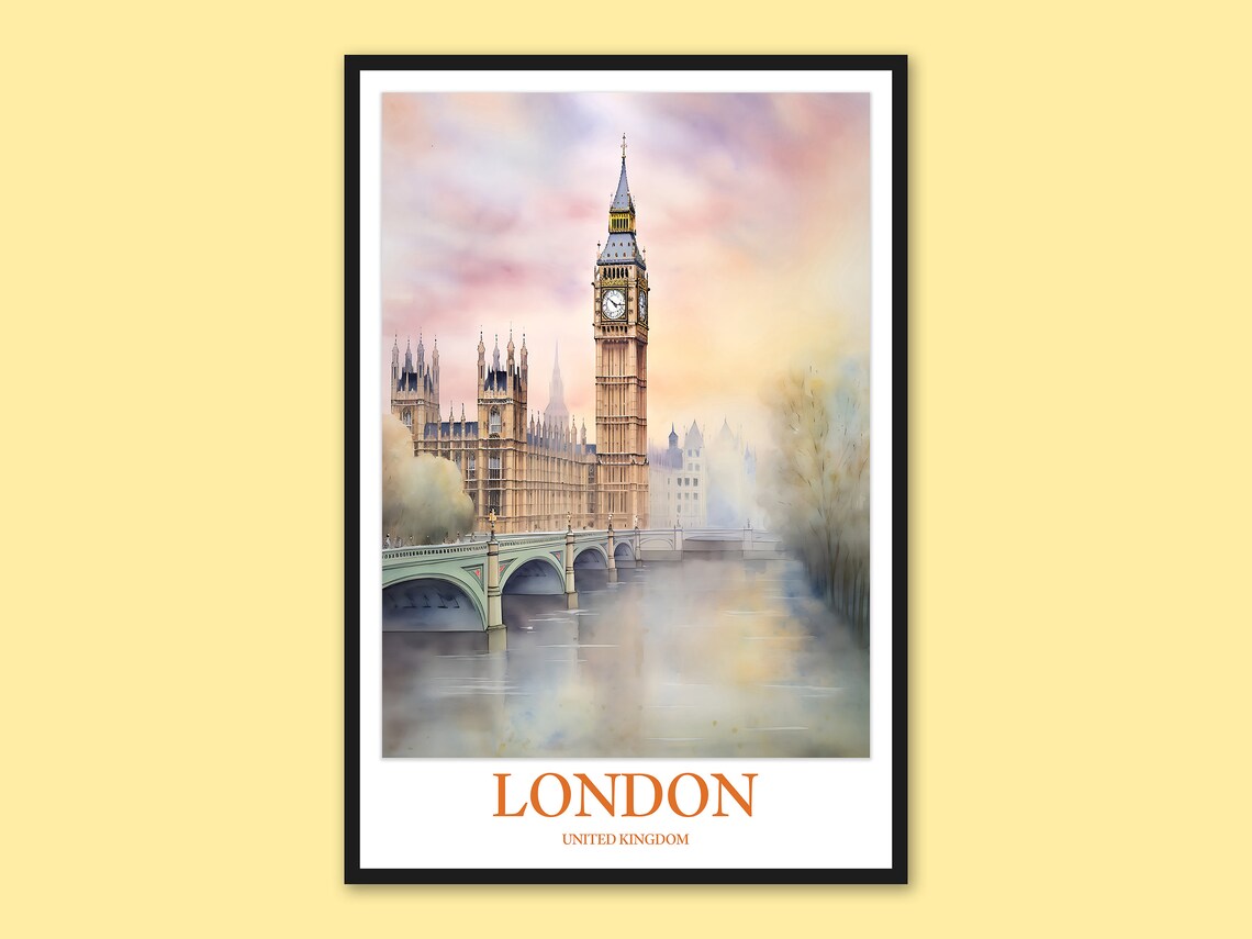 London Big Ben Morning Mist Westminster Bridge Watercolor Poster