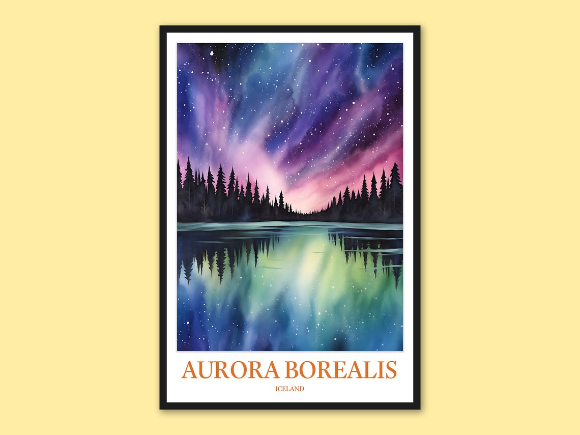 Aurora Borealis Iceland Lake Reflection Night Watercolor Poster