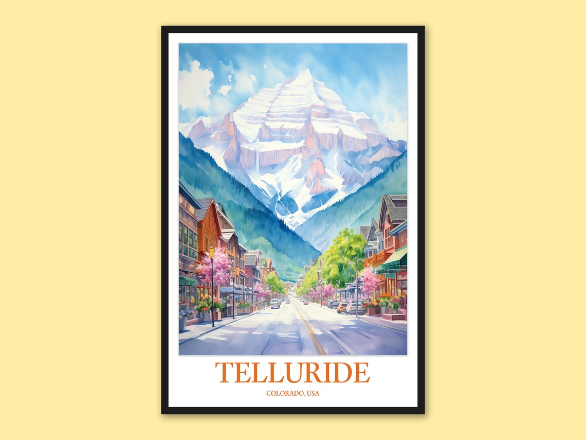 Telluride Colorado Main Street Snow Mountain Watercolor Poster