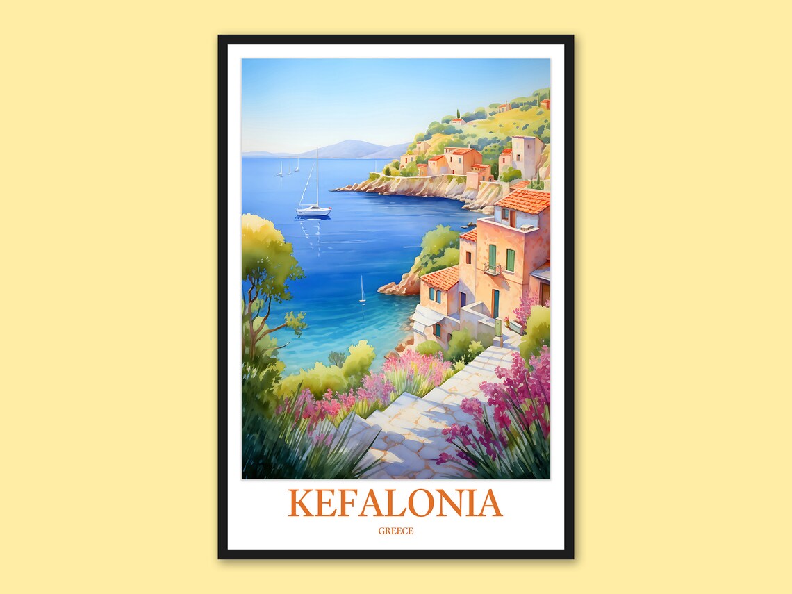 Kefalonia Greece Seaside Village Sailboat Watercolor Scenic Poster