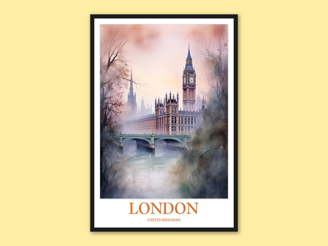 London Big Ben Westminster Bridge Misty River Watercolor Poster