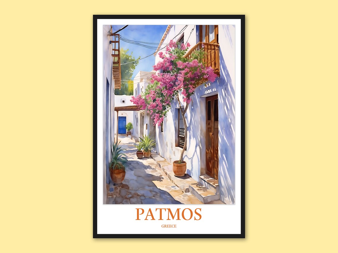 Patmos Greece White Alley With Bougainvillea Watercolor Travel Poster