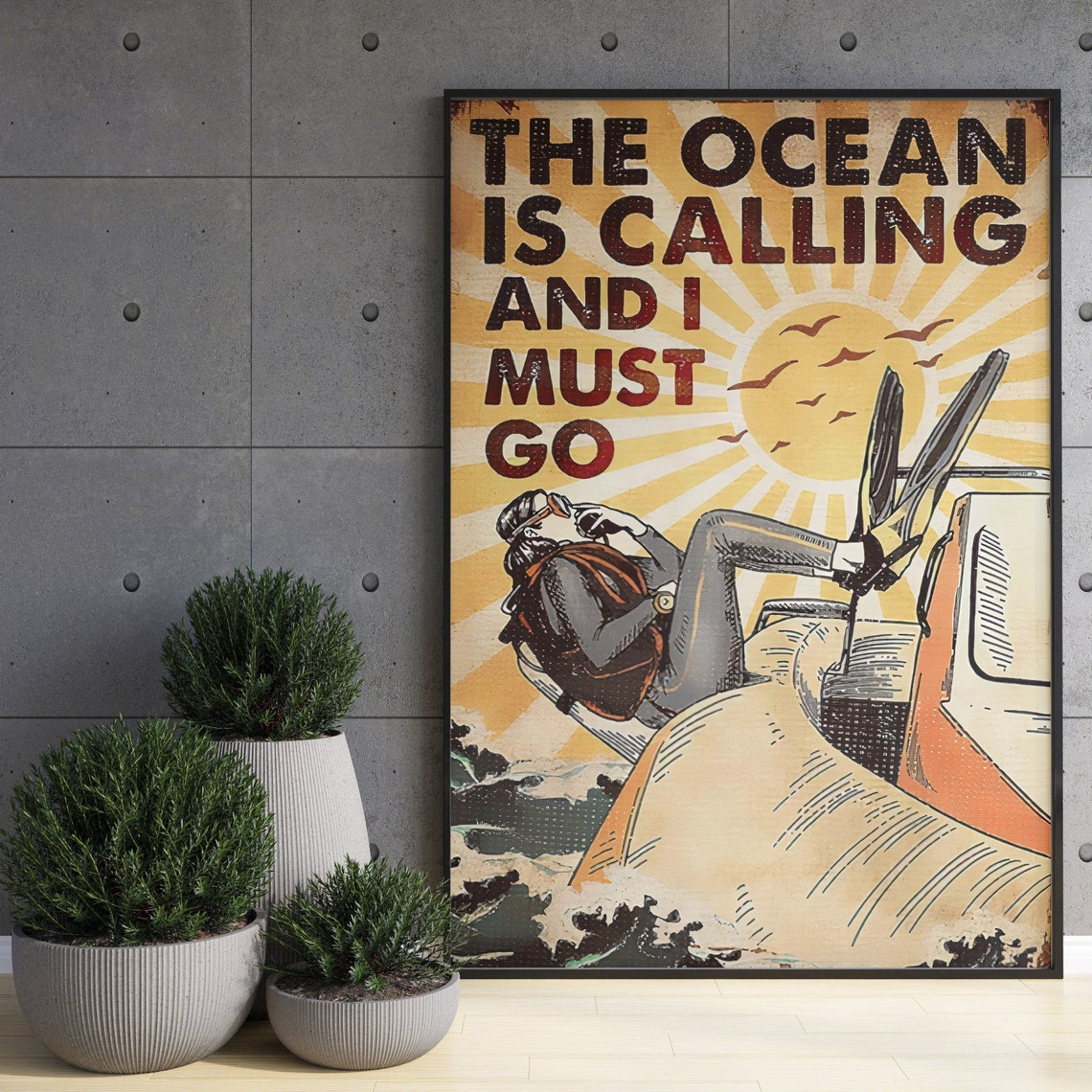 Retro Sunburst Scuba Diver The Ocean Is Calling And I Must Go Poster - Image 3