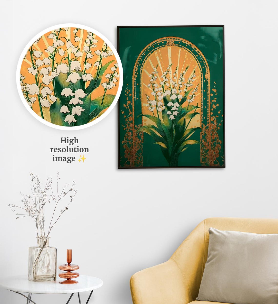 Lily Of The Valley Emerald Green Gold Sunburst Botanical Art Poster - Image 4