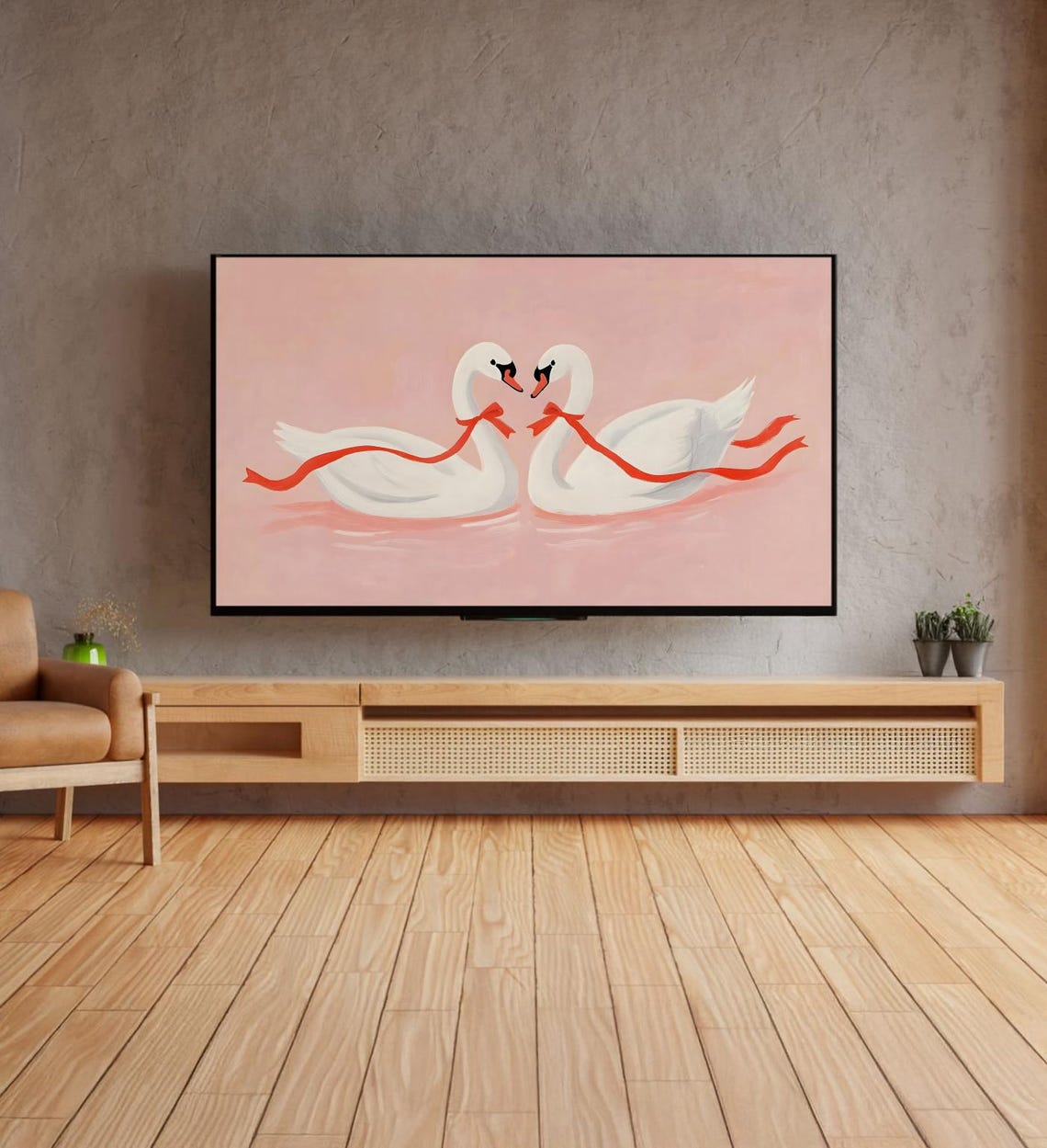 Romantic White Swans Red Ribbon Blush Pink Whimsical Art Poster - Image 4