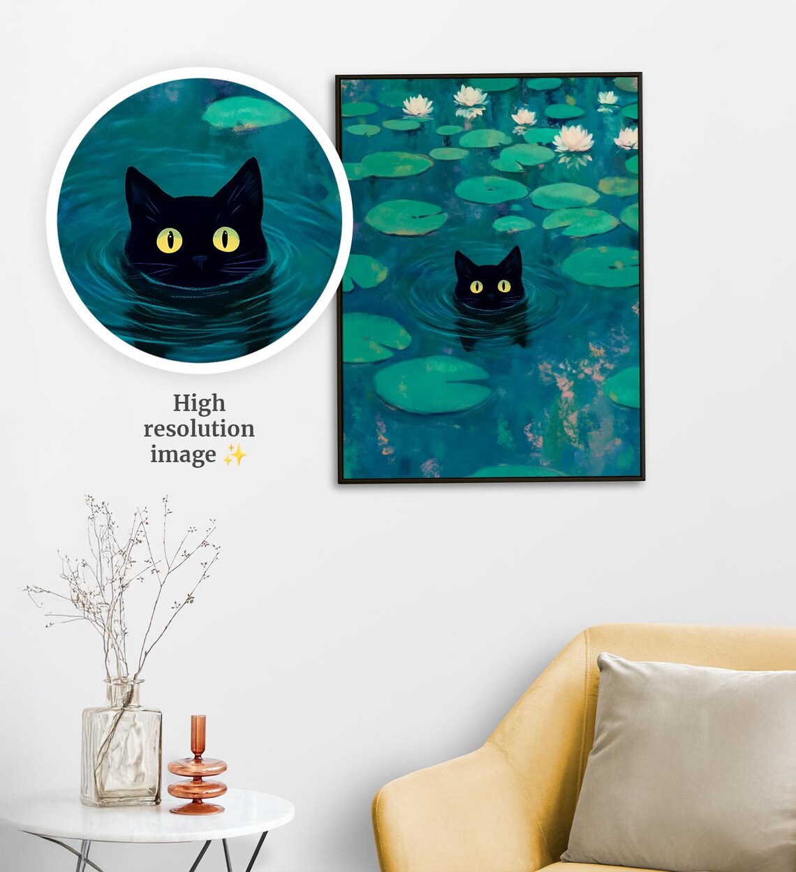 Monet Water Lily Pond Black Cat Peeking Out Funny Cat Art Print Poster - Image 4
