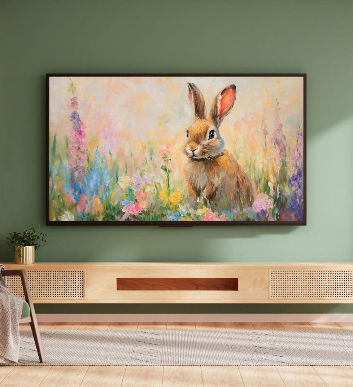 Cute Bunny Rabbit Colorful Wildflower Meadow Easter Painting Poster - Image 5