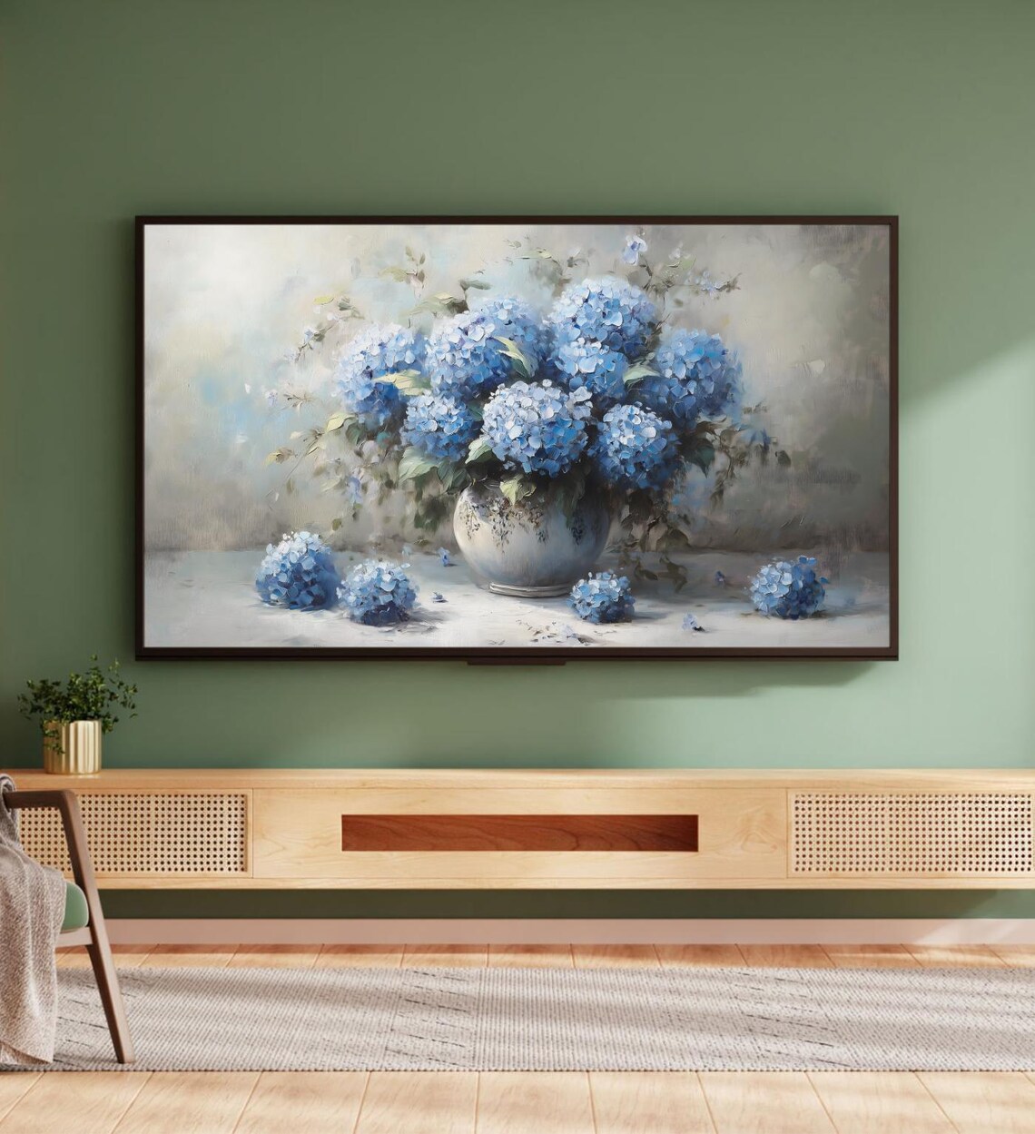 Blue Hydrangeas In Vase Soft Floral Still Life Oil Painting Art Poster - Image 5