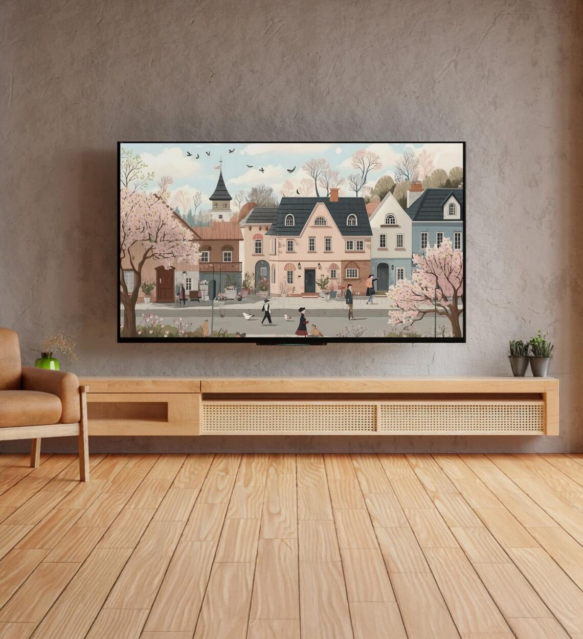 Pink Cherry Blossom Village Street Spring European Town Art Poster - Image 4
