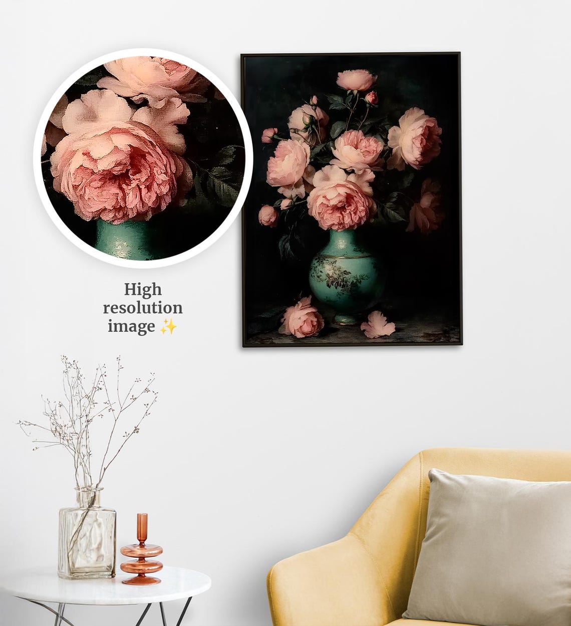 Moody Pink Roses Green Vase Dark Floral Still Life Vintage Art Poster - Image 4
