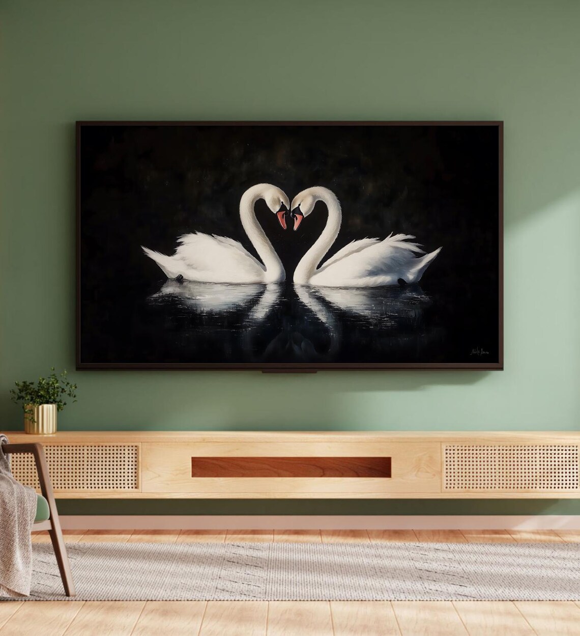 Two White Swans Heart Shape Dark Moody Black Lake Painting Poster - Image 5