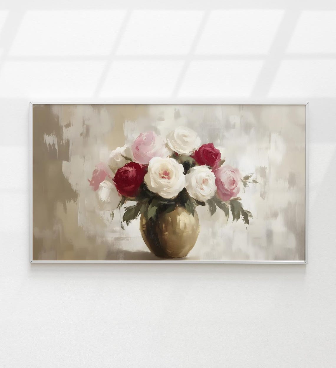 Red Pink White Roses Gold Vase Impressionistic Floral Art Poster