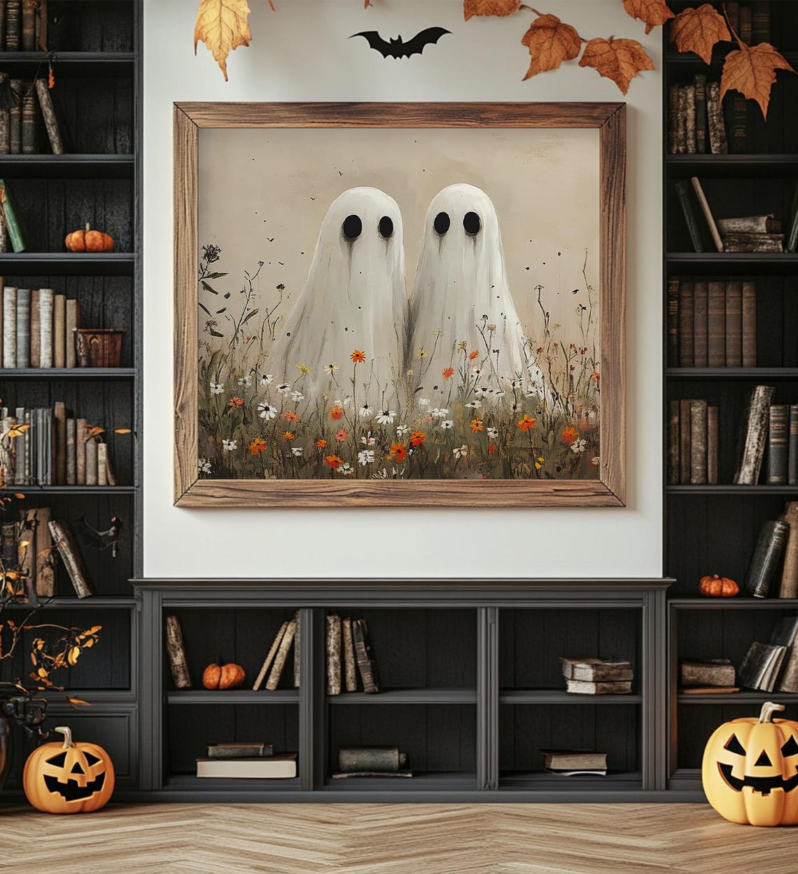Vintage Cute Ghosts In Wildflower Meadow Print Moody Ghosts Autumn Decor Spooky Halloween Fall Painting Wall Art - Image 5
