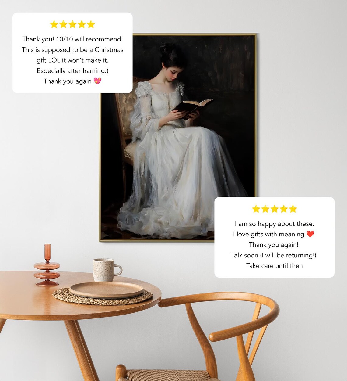 Vintage Woman Reading Book White Dress Classical Oil Painting Art Poster - Image 2