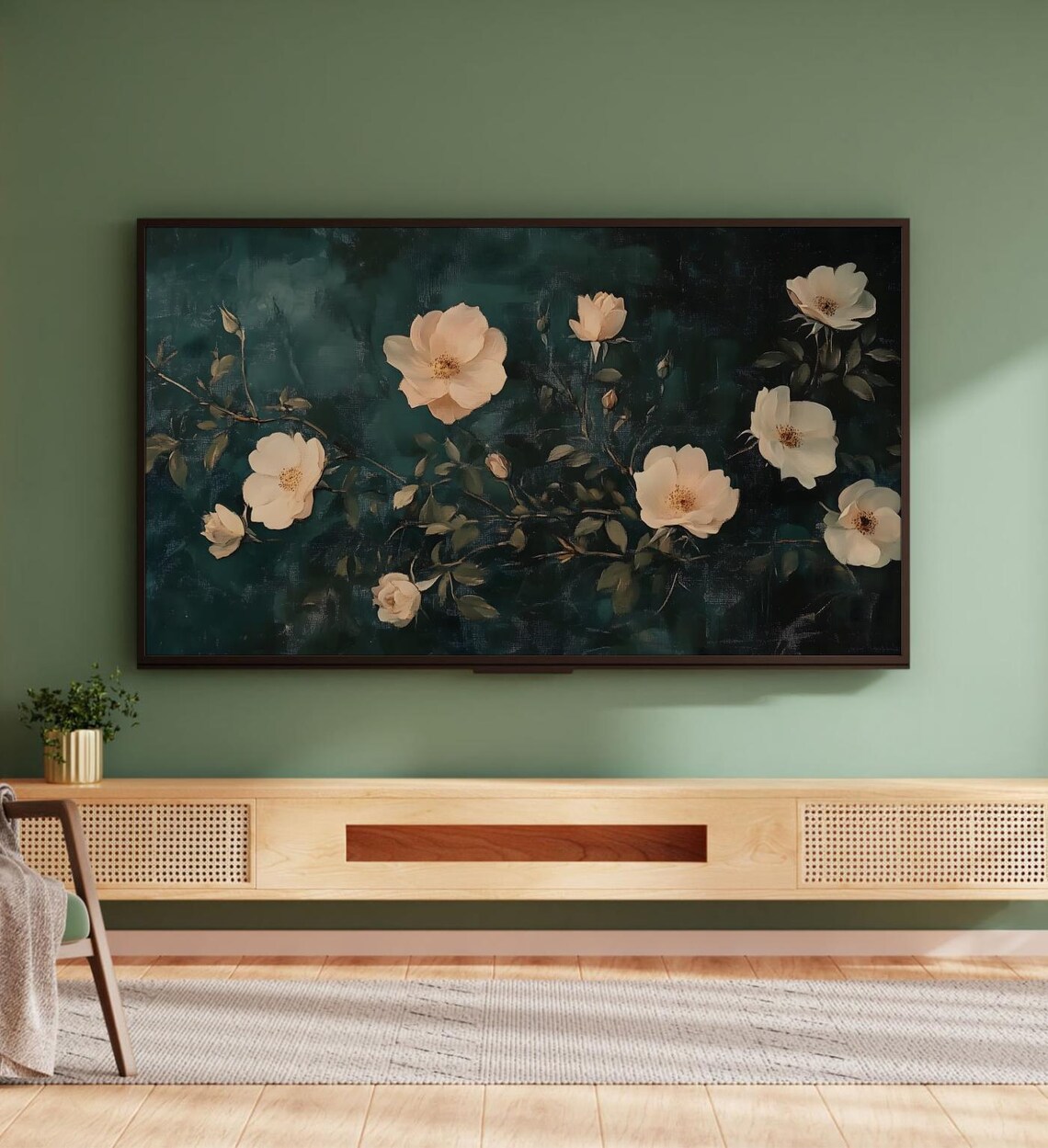 Peach Wild Roses Dark Green Vintage Botanical Oil Painting Art Poster - Image 5