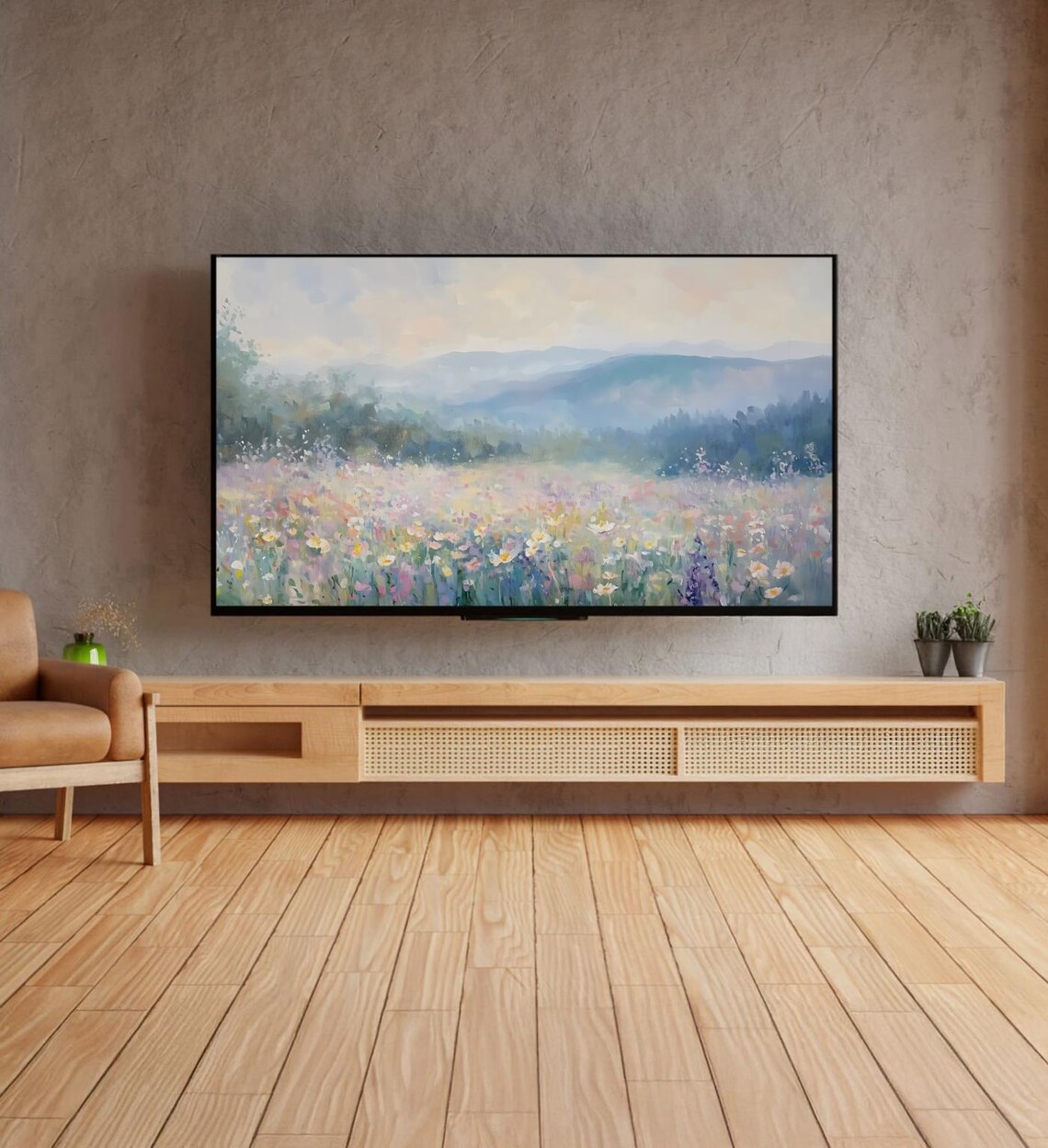 Pastel Wildflower Meadow Misty Mountains Spring Landscape Art Poster - Image 4