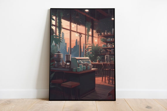 Lofi Cafe Art Print Lo Fi Aesthetic Poster New York Coffee Shop Printable Art Cozy Cafe Interior Wall Decor Anime Style Wall Art