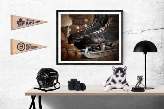 Vintage Hockey Skates Glove Blocker And Helmet Closeup Photo Print Boys Room Decor Nursery Ideas Sports Art Sport Prints Man Cav