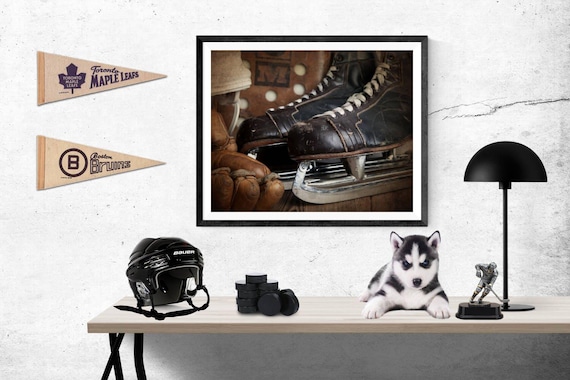 Vintage Hockey Skates Glove Blocker Close Up Rustic Sports Photography Print