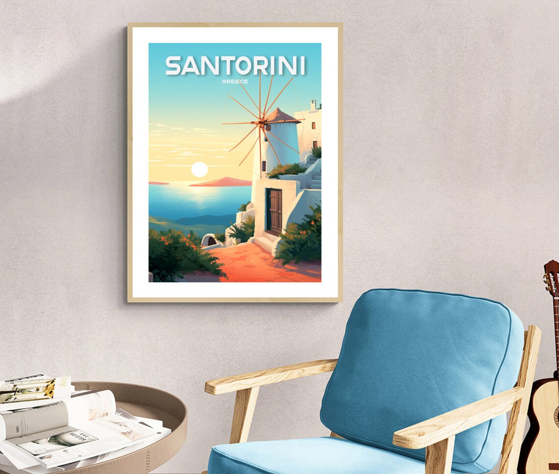 Santorini Windmill Greece Travel Poster, Island View - Image 2