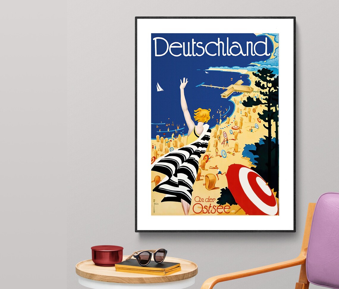 Deutschland An der Ostsee Art Deco Beach Bather Vintage Travel Poster