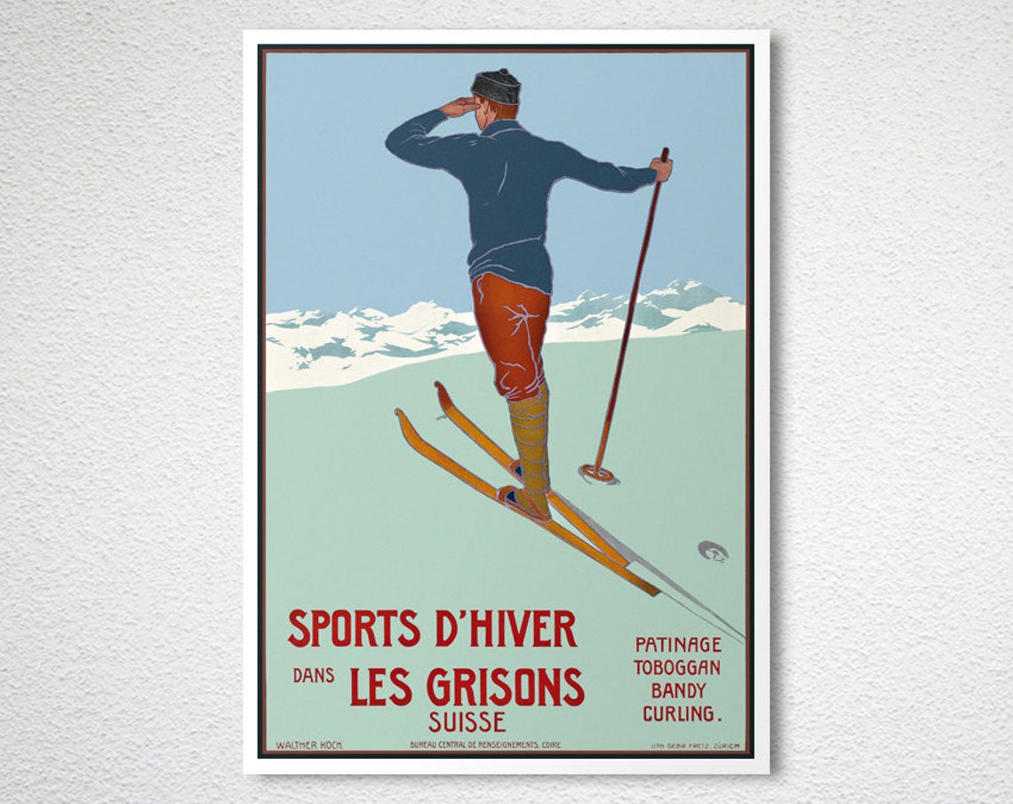 Sports d Hiver Les Grisons Suisse Vintage Ski Poster Walther Koch - Image 2