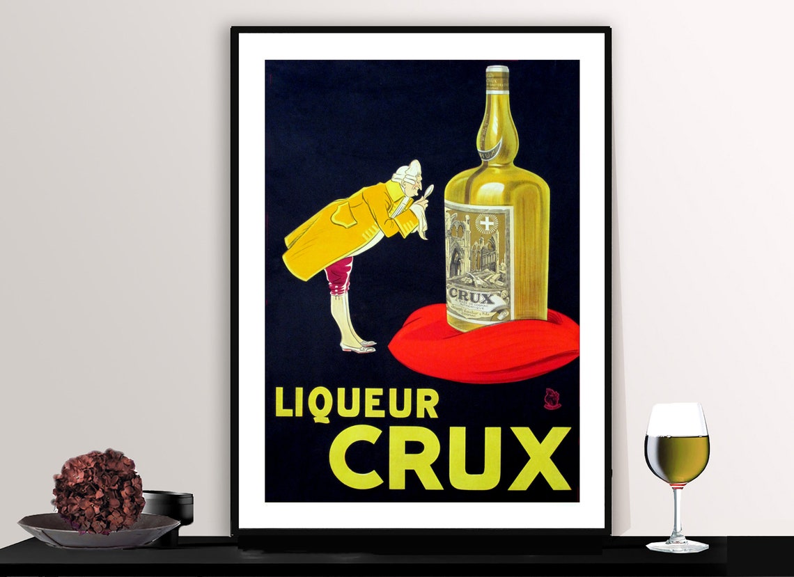 Liqueur Crux Giant Bottle Yellow Coat Gentleman Vintage Ad Poster