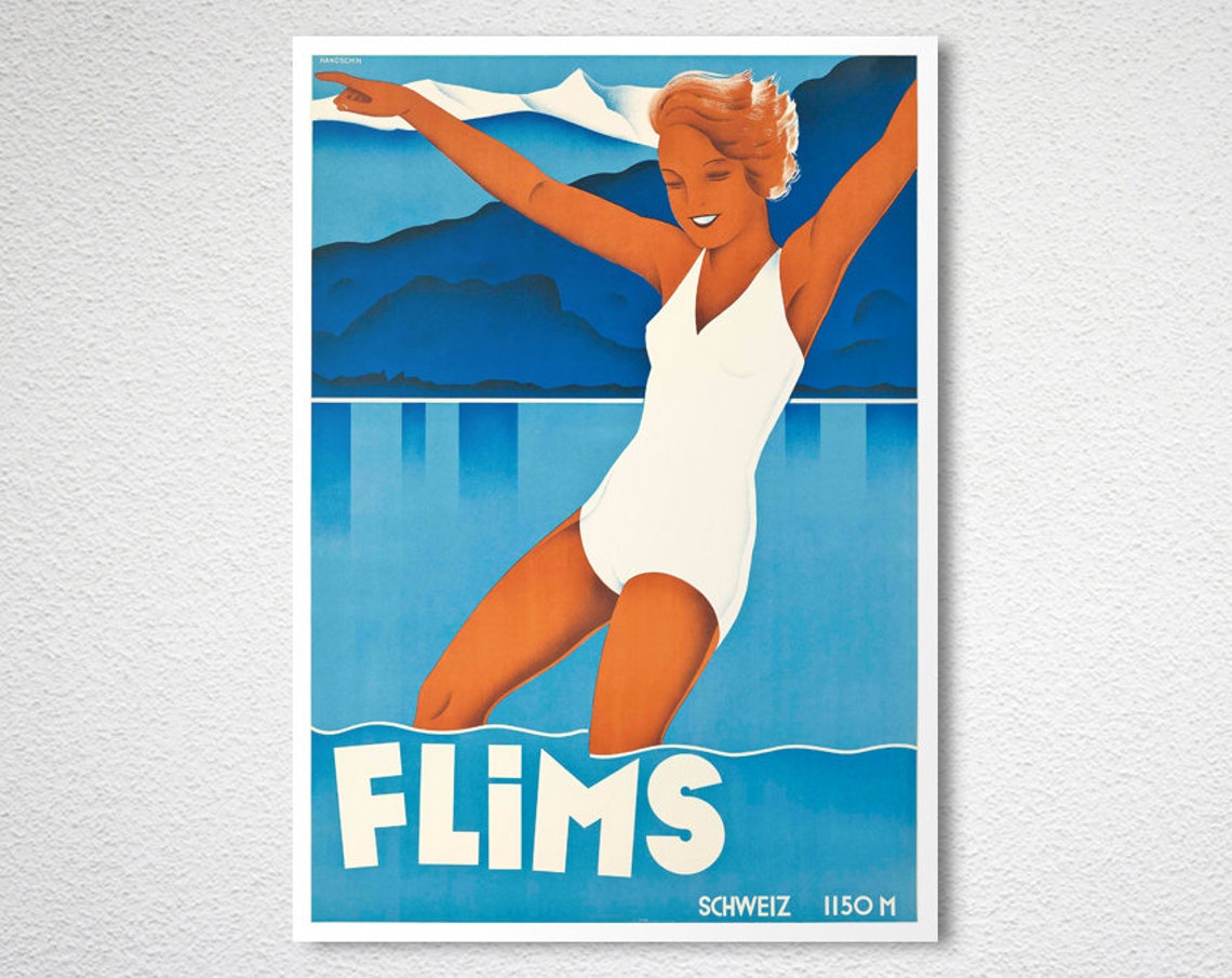 Flims Switzerland 1150 M Alpine Lake Swimmer Vintage Travel Poster - Image 2