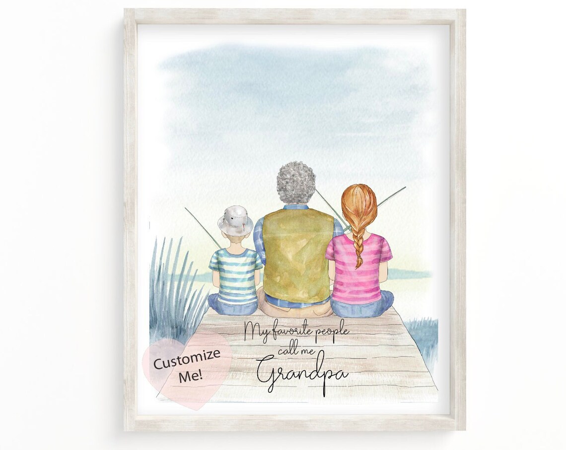 Fishing Gift For Grandpa Custom Portrait Grandfather And 2 Grandkids Christmas Gift From Grandchildren Birthday Fathers Day Unframed
