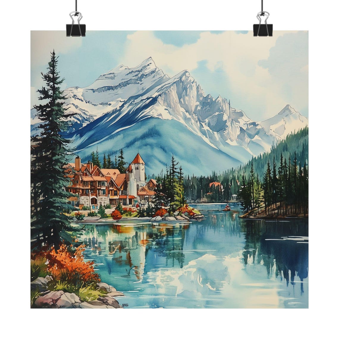 Banff National Park Lake Lodge With Snowy Peaks Watercolor Poster