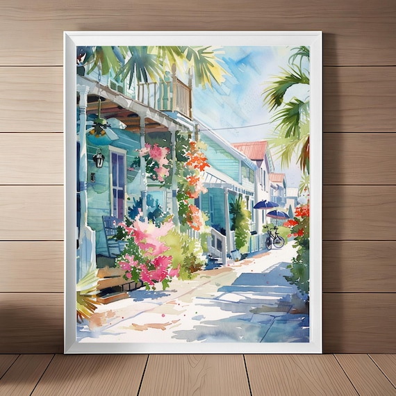 Key West Floral Cottage Street Florida Keys Watercolor Travel Poster