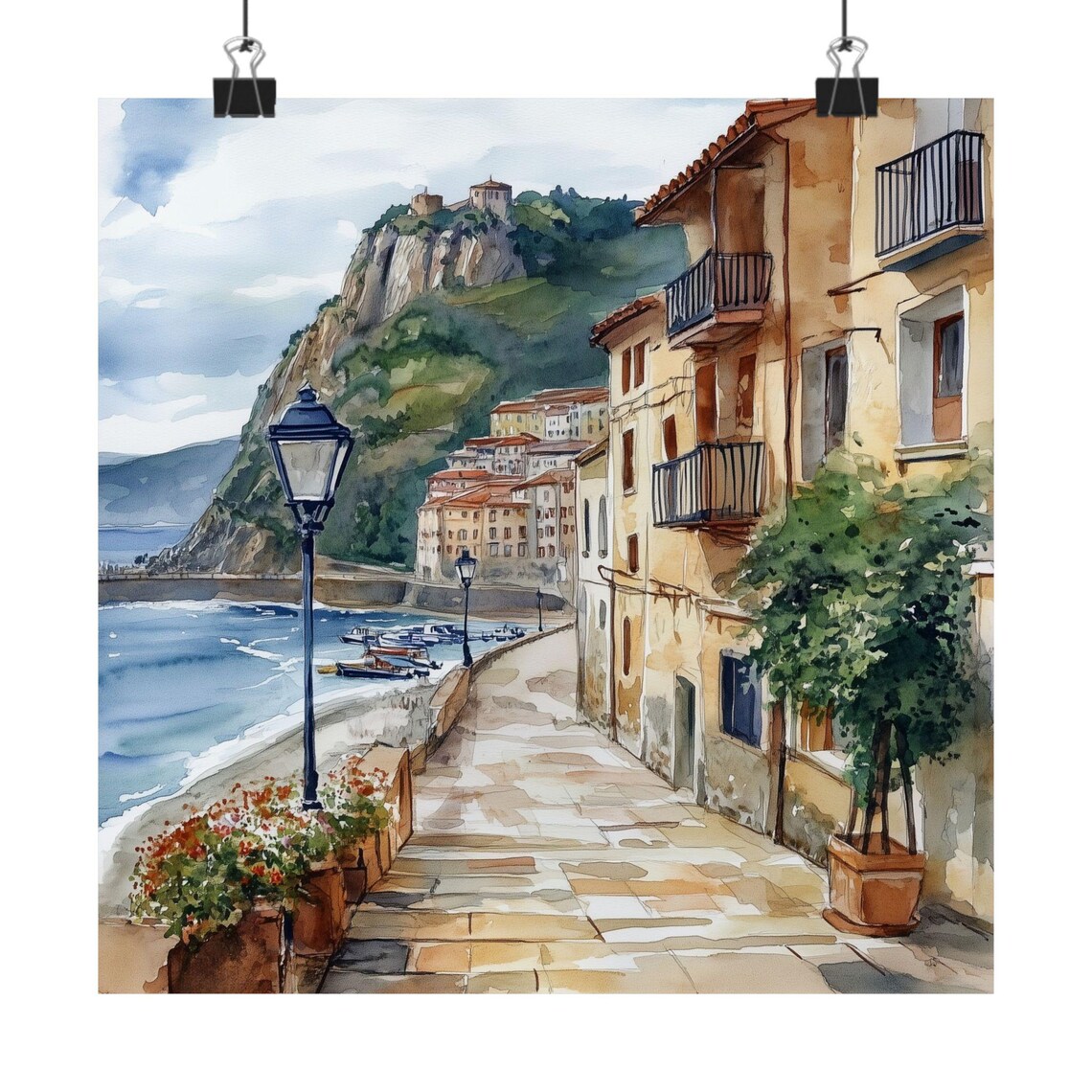 San Sebastian Bay Promenade Old Town Spain Watercolor Travel Poster