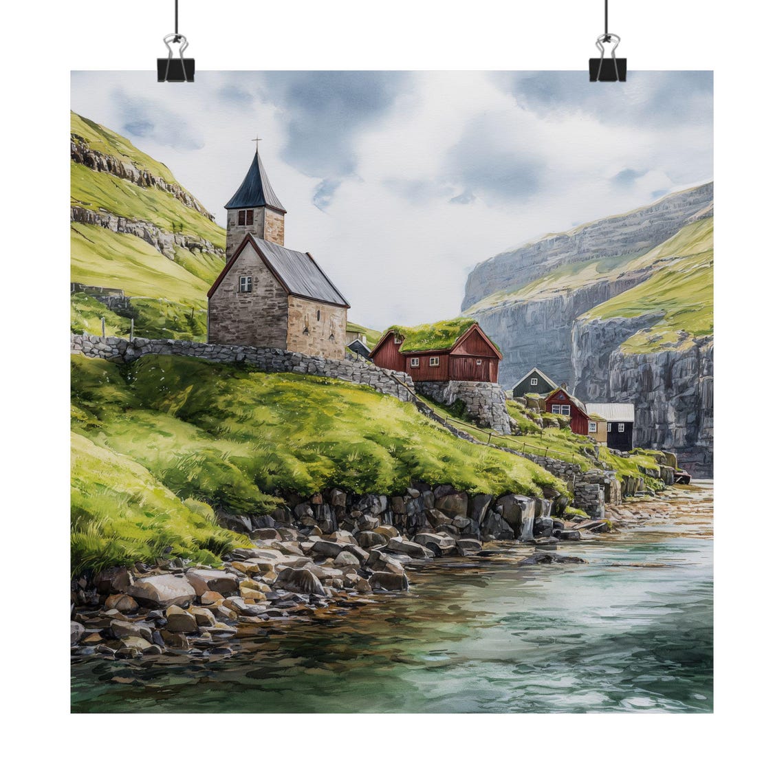 Faroe Islands Stone Church And Red Houses On A Rocky Shore Poster