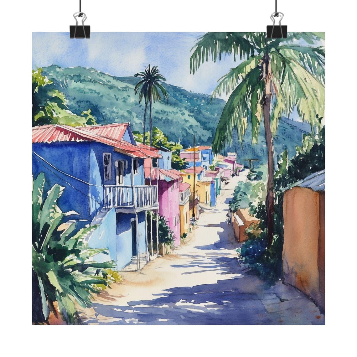 Haiti Painting Portauprince Art Print Wall Caribbean Watercolor Travel Poster Colorful Houses Tropical Cityscape Decor
