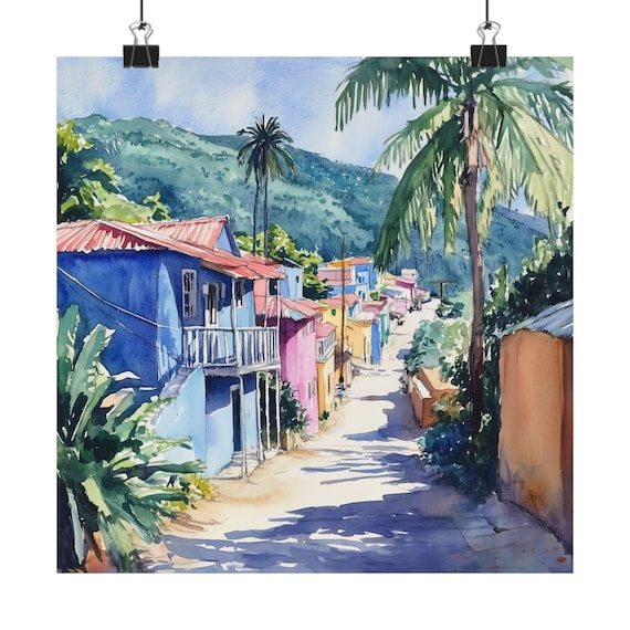 Caribbean Street with Colorful Houses Tropical Watercolor Poster