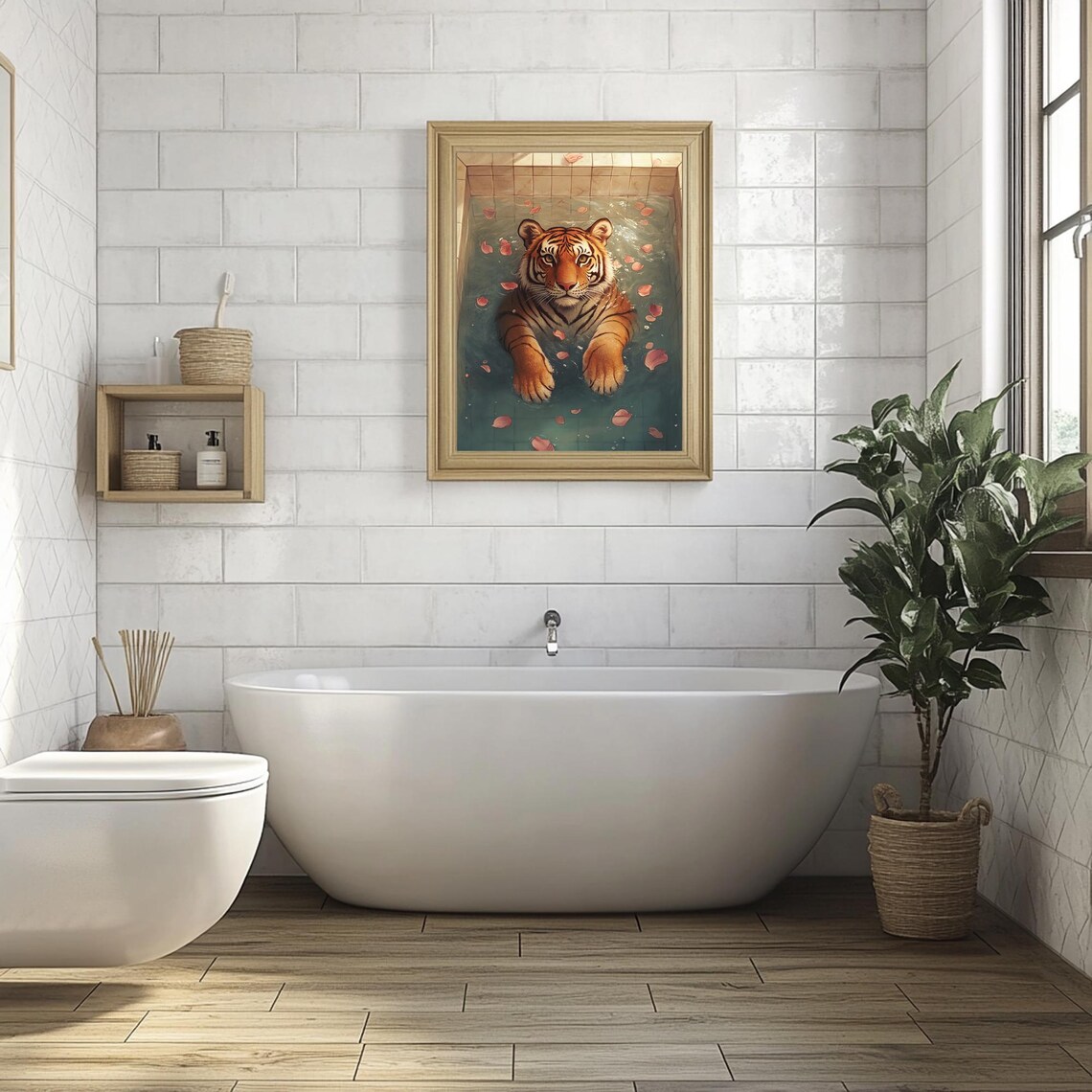 Tiger Bathing in Petal-Strewn Tiled Pool Maximalist Animal Poster - Image 4